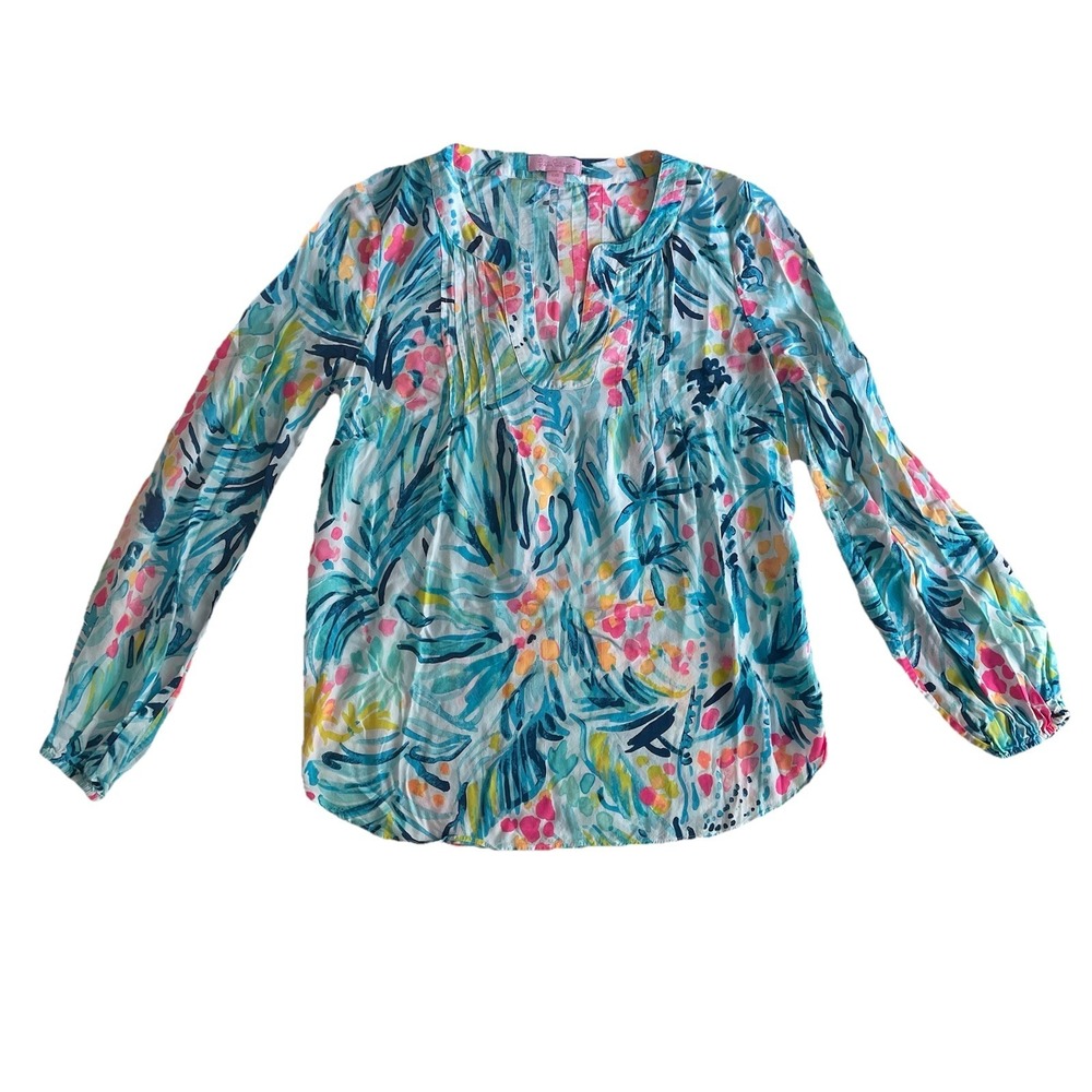Lilly Pulitzer Blouse Tunic XXS Multicolored Floral Tippy Top Rayon Womens Vneck